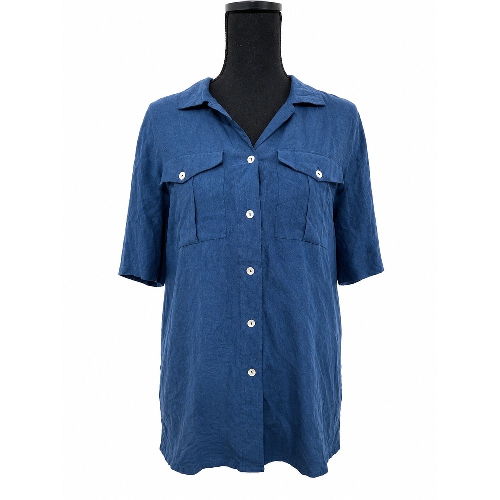 Alfred Dunner Womens Blue 100% Silk Short Sleeve Button Down Shirt Size 14